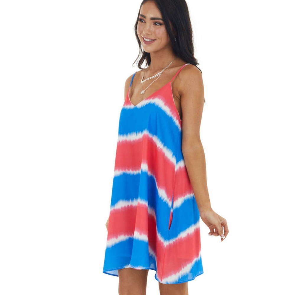 Blue and Red Tie Dye Spaghetti Strap Dress